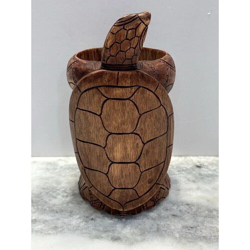 Sea Turtle Bottle Holder Hand Carved Wood Wine Art Hawaii Tiki Bar 10